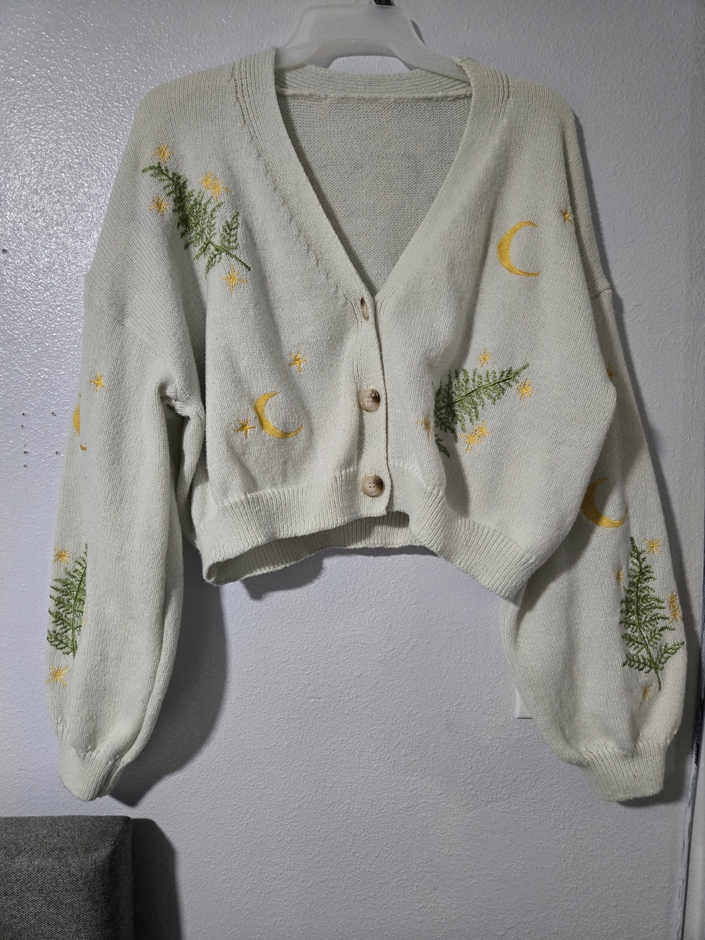 ROMWE Cream Cardigan with Green Fern & Gold Moon Embroidery